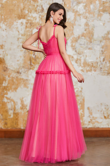 Prinsesse A Line Spaghetti Stropper Fuchsia Lang Gallakjole med flæser